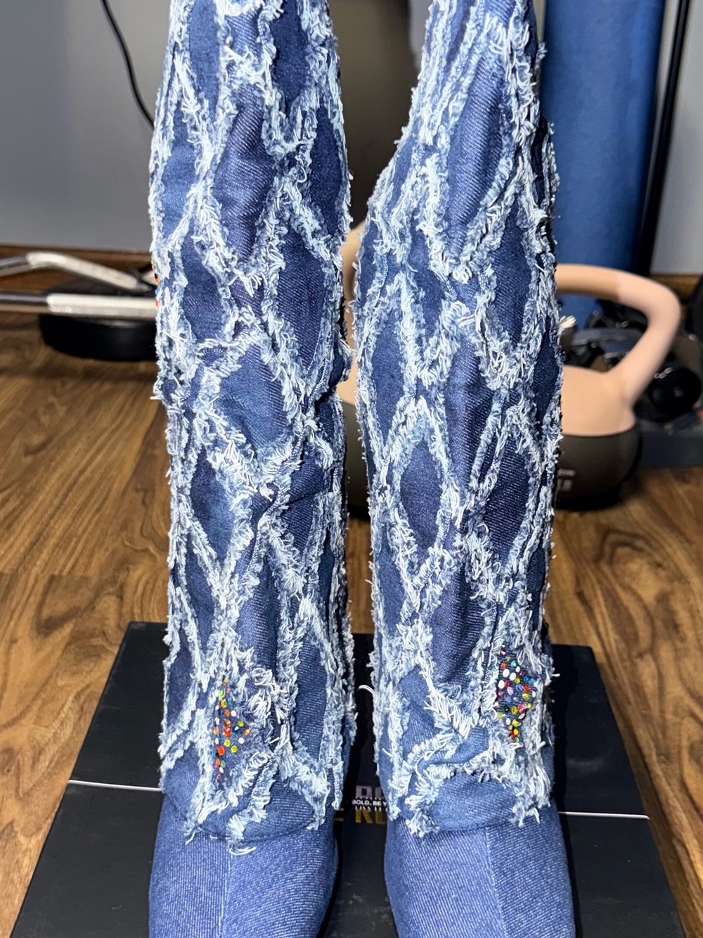 Blue Frayed Denim Knee-High Heeled Boots with Multicolor Studs